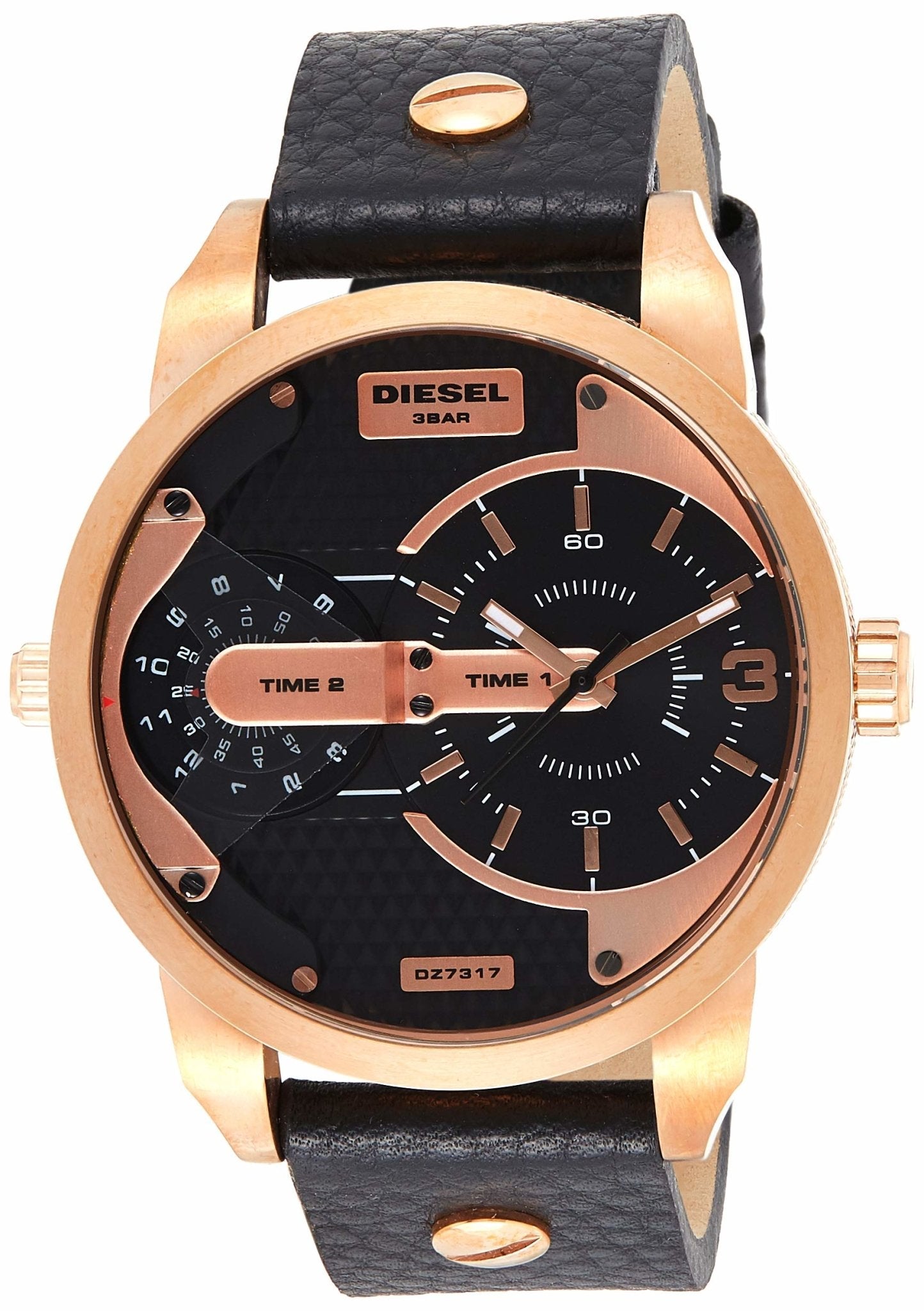 Diesel Mini Daddy Dual Time Black & Gold Dial Black Leather Strap Watch For Men - DZ7317