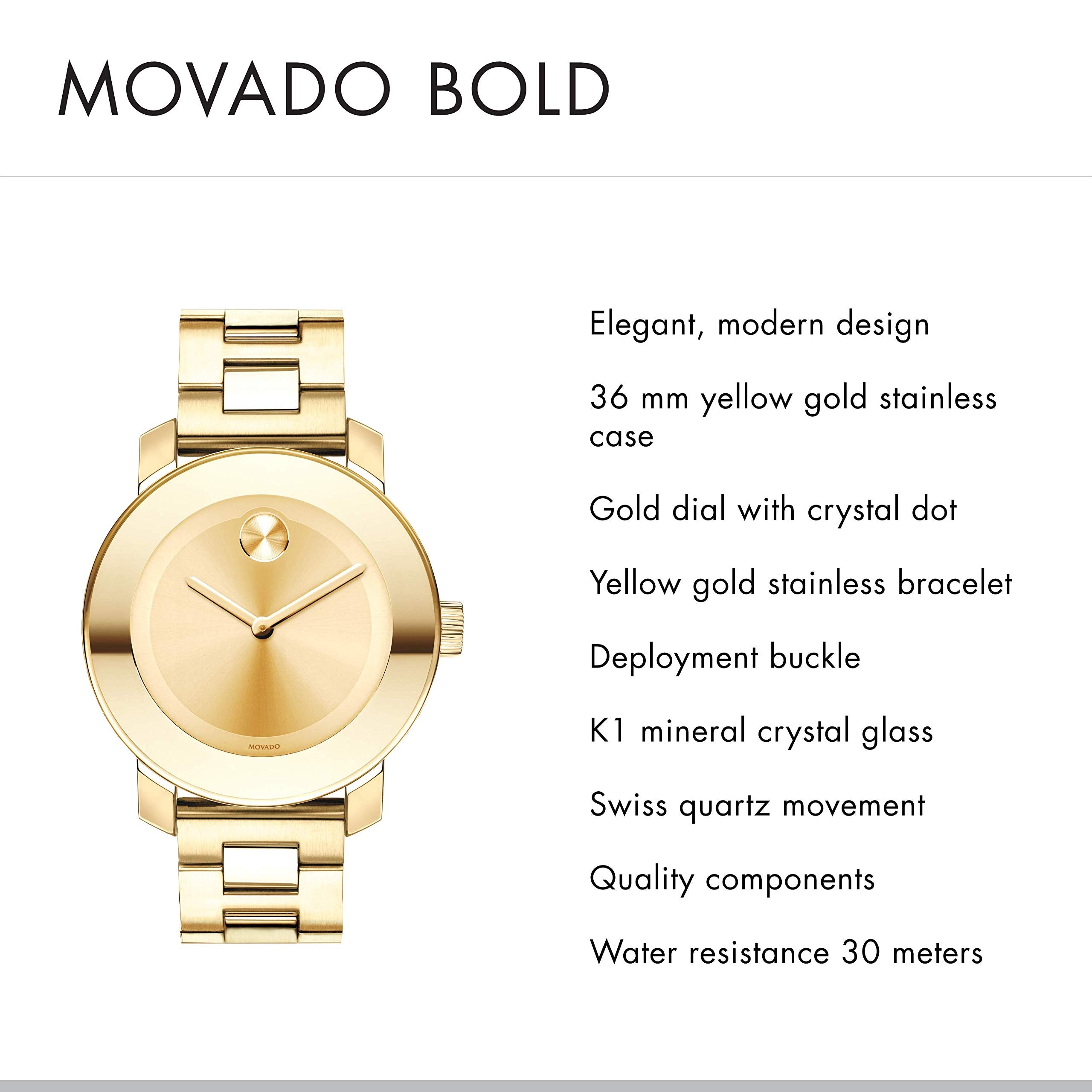Movado Bold Yellow Gold Dial Yellow Gold Steel Strap Watch For Women - 3600085