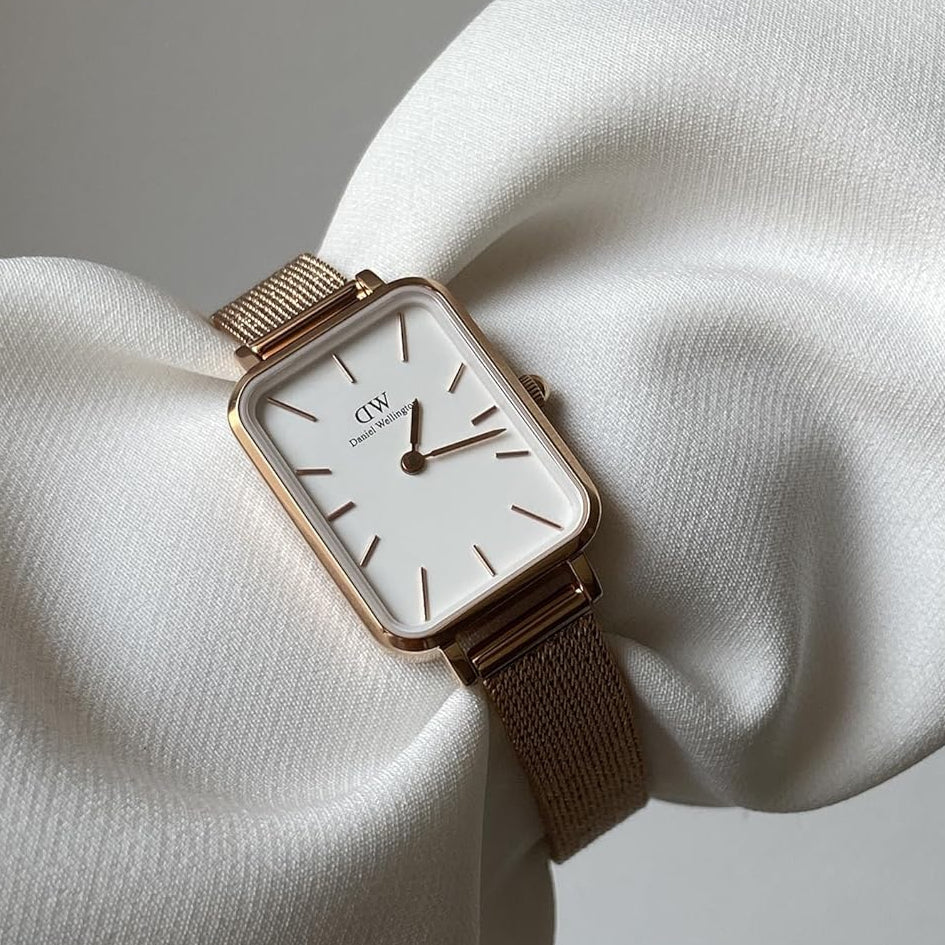 Daniel Wellington Quadro Melrose White Dial Gold Mesh Strap Watch For Women - DW00100431
