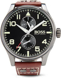 Hugo Boss Aeroliner Day Date Black Dial Brown Leather Strap Watch For Men - HB1513079
