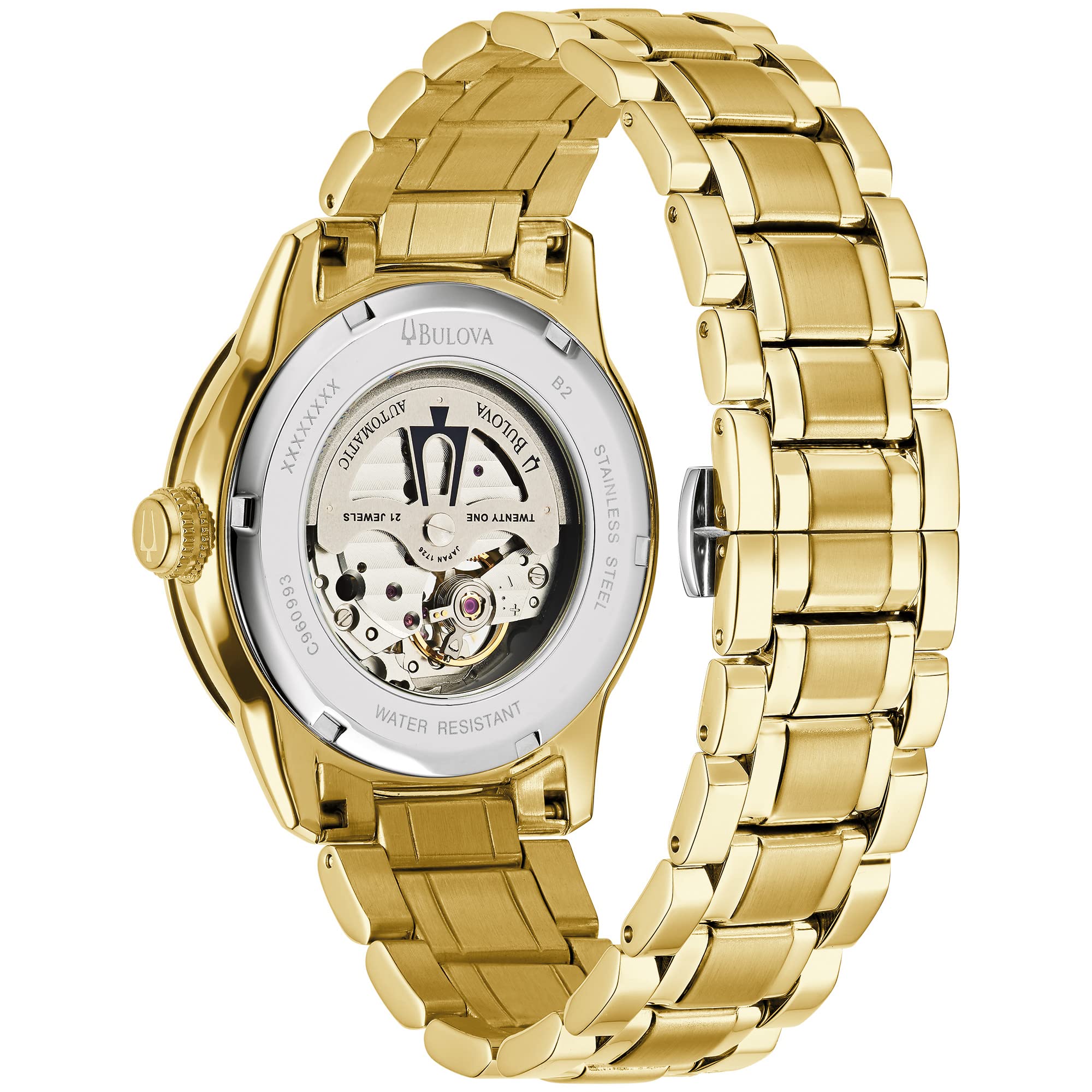 Bulova BVA Skeleton Silver Dial Gold Steel Strap Watch for Men - 97A108