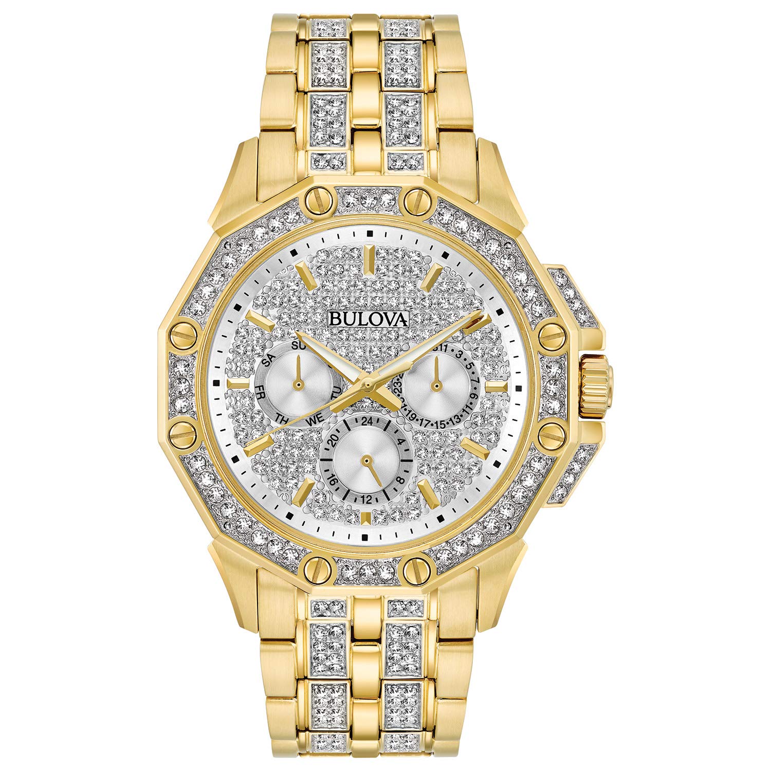 Bulova Crystal Collection Octova White Dial Gold Steel Strap Watch for Men - 98C126