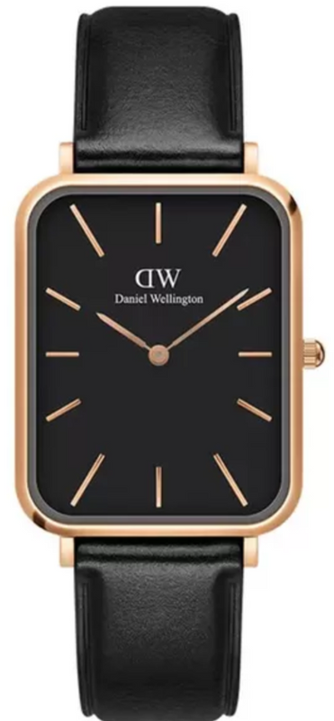 Daniel Wellington Quadro Black Dial Black Leather Strap Watch For Women  - DW00100449