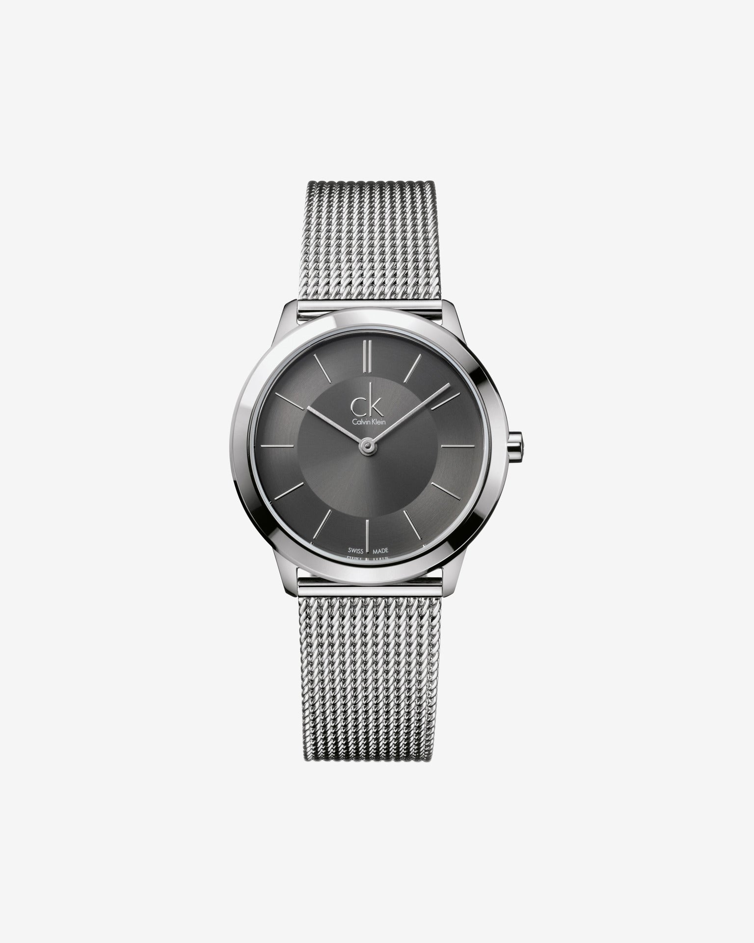 Calvin Klein Minimal Grey Dial Silver Mesh Bracelet Watch for Men - K3M22124