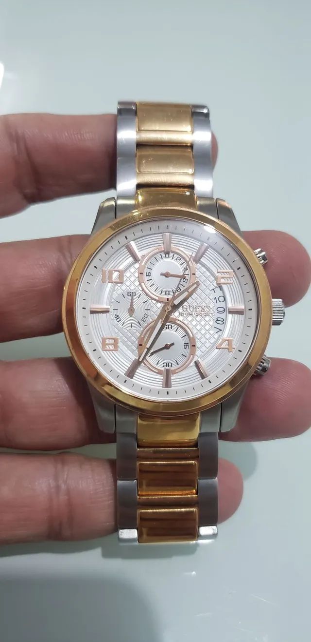 Guess Exec Chronograph White Dial Two Tone Steel Strap Watch for Men - W0075G2