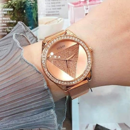 Guess Tri Glitz Quartz Diamonds Rose Gold Dial Rose Gold Mesh Bracelet Watch For Women - W1142L4