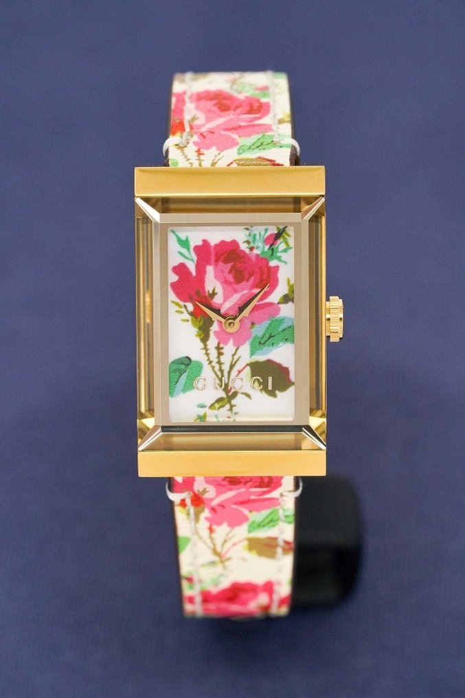 Gucci G-Frame Floral Mother of Pearl Dial White Leather Strap Watch For Women - YA147406