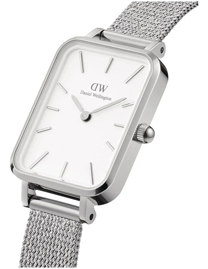 Daniel Wellington Quadro Sterling White Dial Silver Mesh Strap Watch For Women - DW00100438