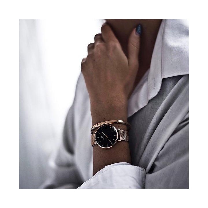 Daniel Wellington Classic Petite Melrose Black Dial Rose Gold Mesh Bracelet Watch For Women - DW00100217