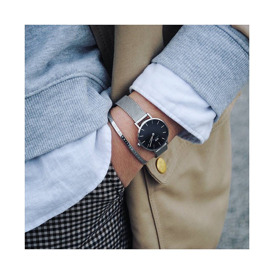 Daniel Wellington Petite Sterling Black Dial Silver Mesh Bracelet Watch For Women - DW00100218