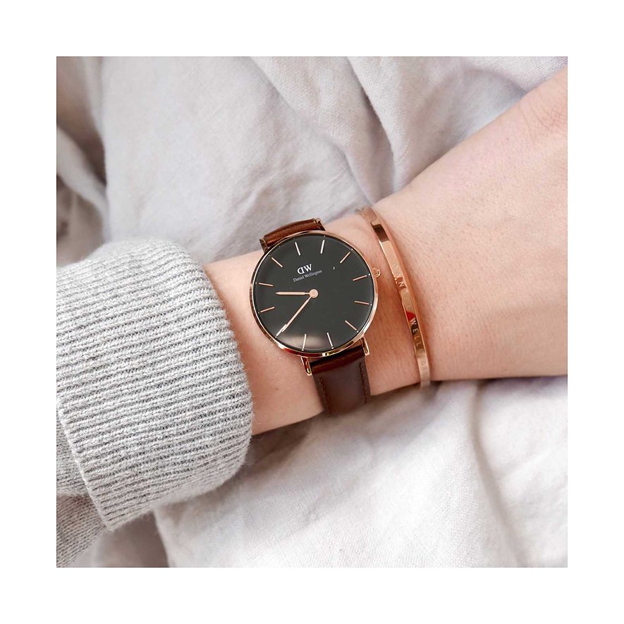 Daniel Wellington Classic Petite Bristol Black Dial Brown Leather Strap Watch For Women - DW00100221