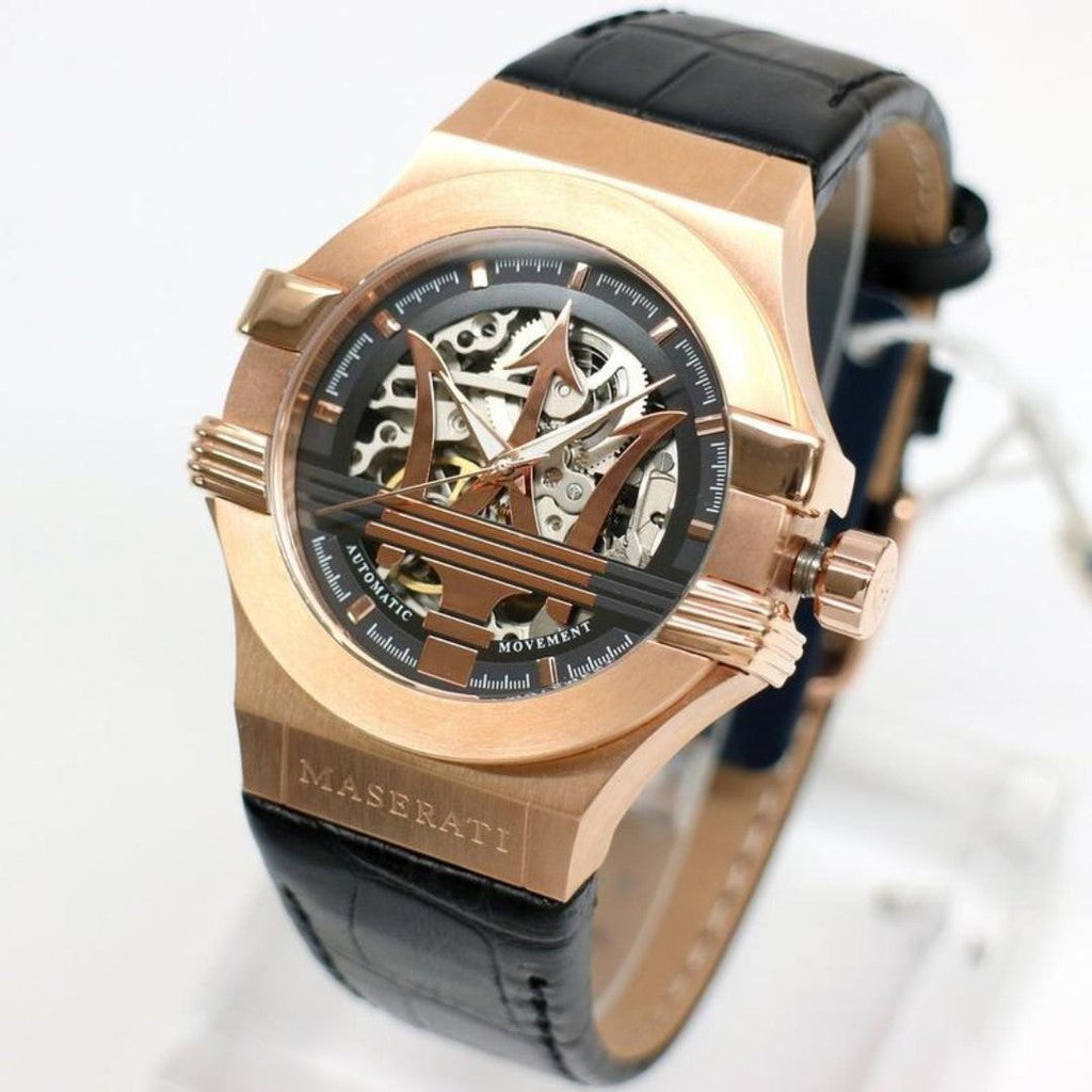 Maserati Potenza Automatic Rose Gold Dial Black Leather Strap Watch For Men - R8821108002
