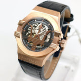 Maserati Potenza Automatic Rose Gold Dial Black Leather Strap Watch For Men - R8821108002