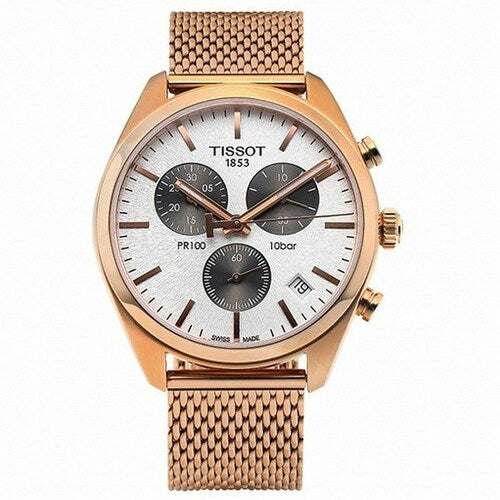 Tissot T Classic PR 100 Chronograph Silver Dial Rose Gold Mesh Bracelet Watch For Men - T101.417.33.031.01