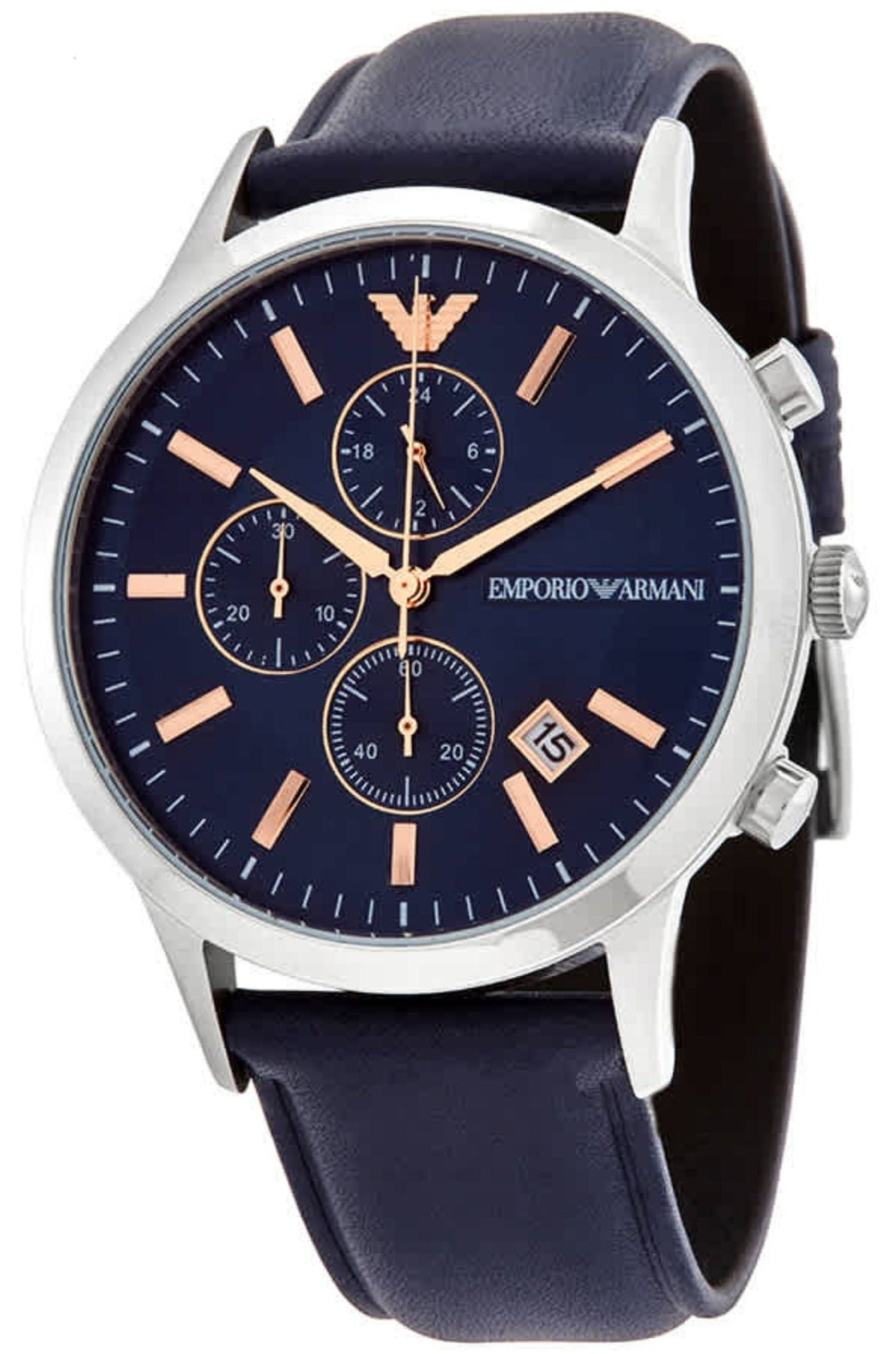 Emporio Armani Renato Chronograph Blue Dial Black Leather Strap Watch For Men - AR11216
