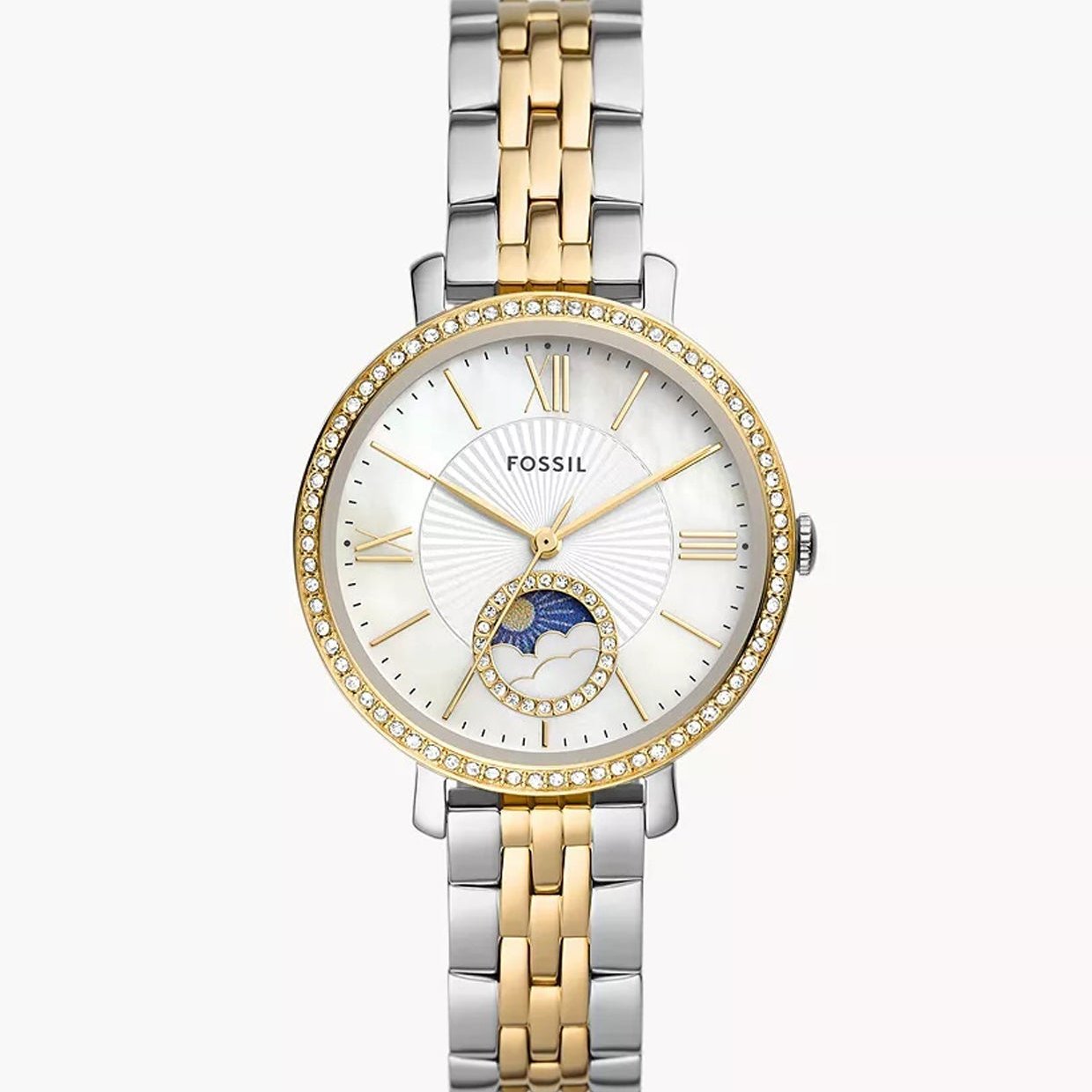 Fossil Jacqueline Analog Moonphase Mother of Pearl White Dial Two Tone Steel Strap Watch for Women - ES5166