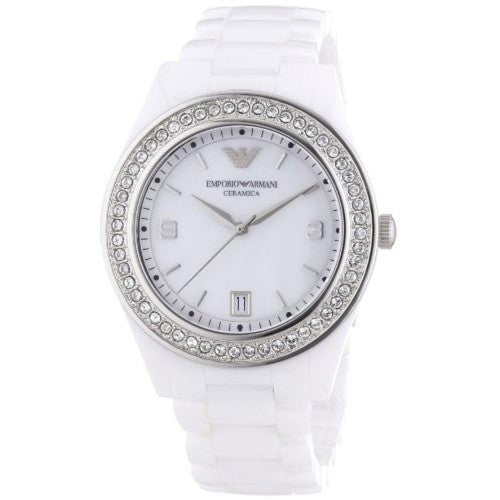 Emporio Armani Ceramica White Mother of Pearl Dial Stainless Steel Strap Watch For Women - AR1426