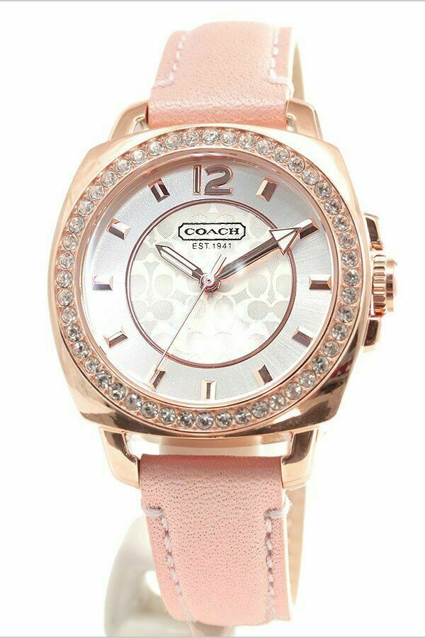 Coach Boyfriend Mother of Pearl White Dial Pink Leather Strap Watch for Women - 14503151