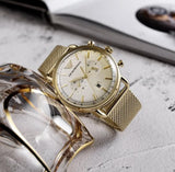 Emporio Armani Aviator Chronograph Quartz Beige Dial Gold Mesh Bracelet Watch For Men - AR11315