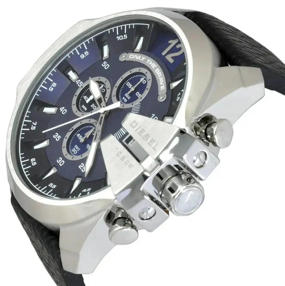 Diesel Mega Chief Chronograph Blue Dial Black Leather Strap Watch For Men - DZ4423