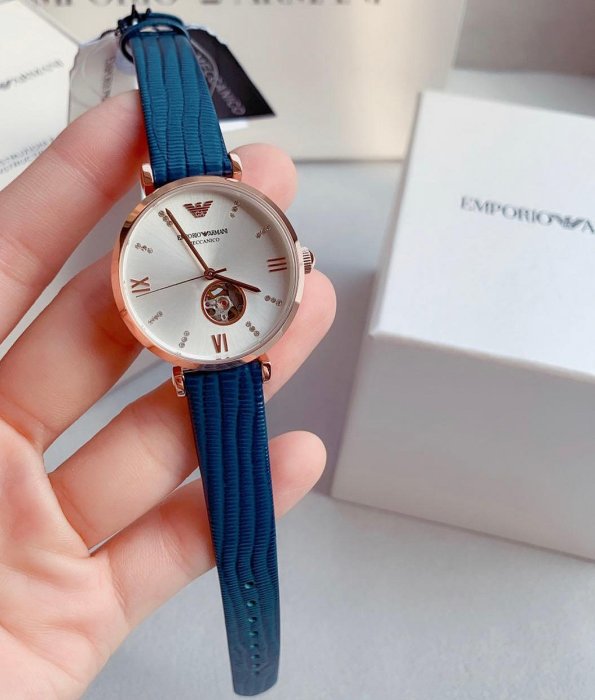 Emporio Armani Gianni T-Bar Analog Silver Dial Blue Leather Strap Watch For Women - AR60020