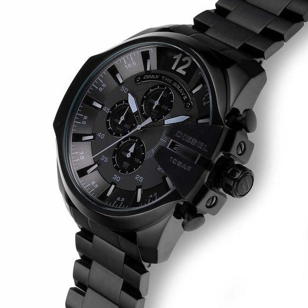 Diesel Mega Chief Chronograph Black Dial Black Steel Strap Watch For Men - DZ4355