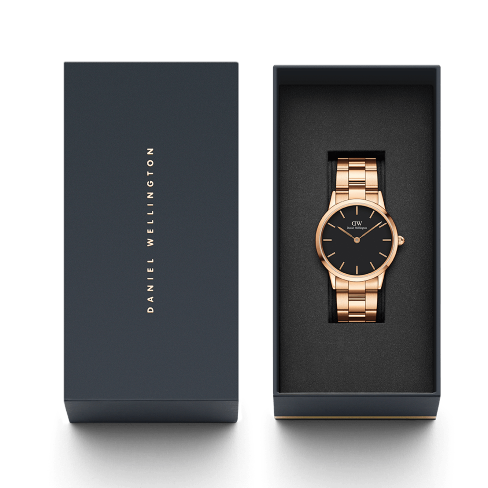 Daniel Wellington Iconic Link Black Dial Rose Gold Steel Strap Watch for Women - DW00100210