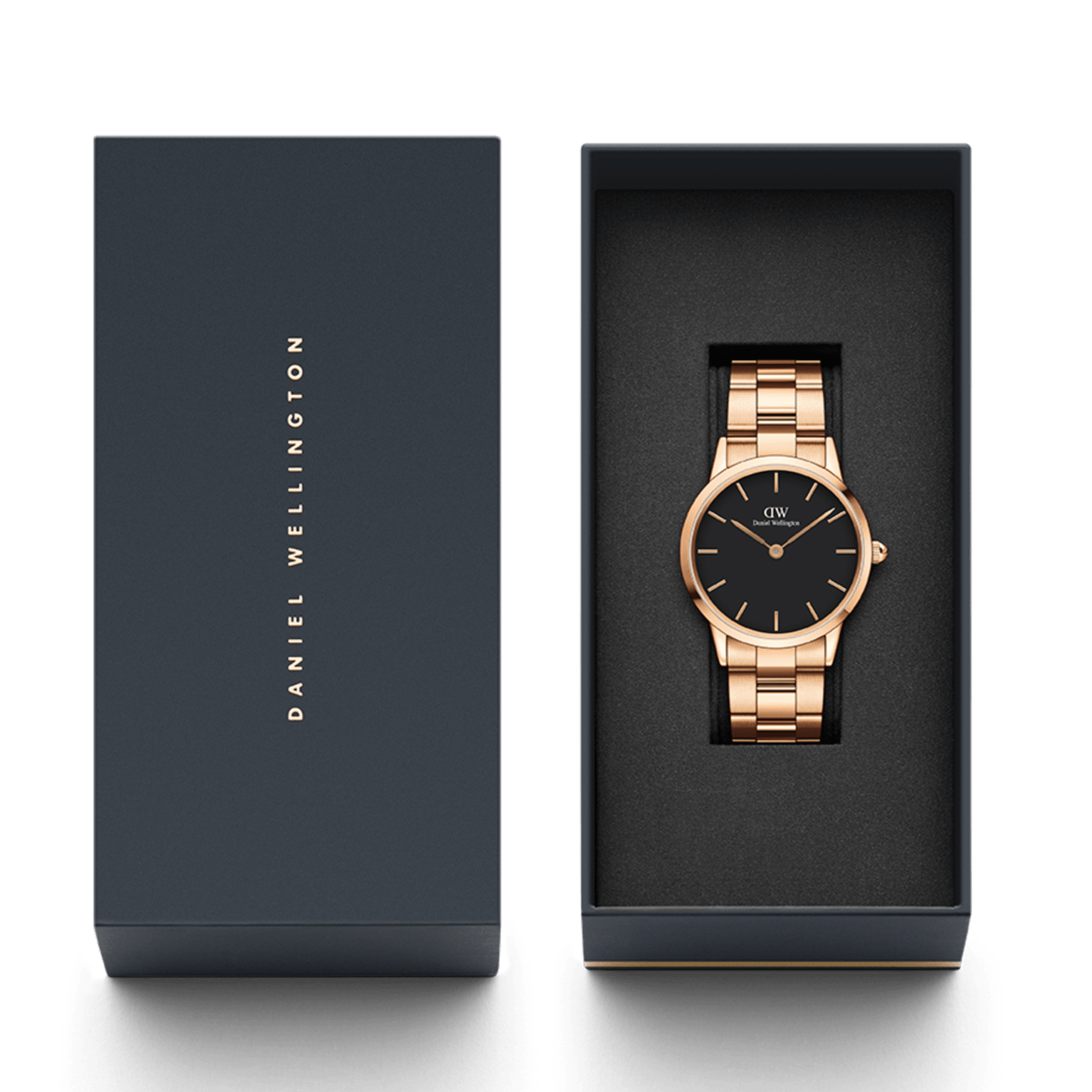 Daniel Wellington Iconic Link Black Dial Rose Gold Steel Strap Watch For Men - DW00100344