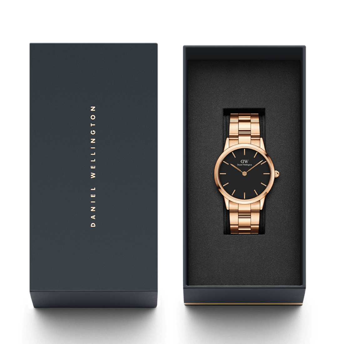 Daniel Wellington Iconic Link Black Dial Rose Gold Steel Strap Watch For Men - DW00100344