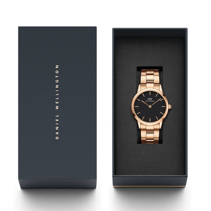 Daniel Wellington Iconic Link Black Dial Rose Gold Steel Strap Watch For Men - DW00100344