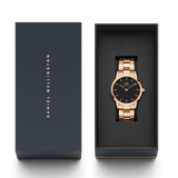 Daniel Wellington Iconic Link Black Dial Rose Gold Steel Strap Watch For Men - DW00100344