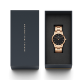 Daniel Wellington Iconic Link Black Dial Rose Gold Steel Strap Watch for Women - DW00100210