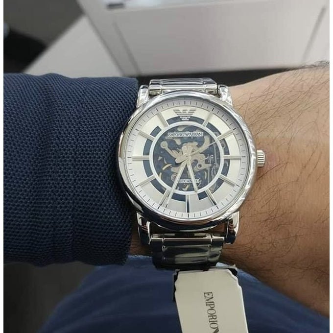 Emporio Armani Meccanico Skeleton Silver Dial Silver Steel Strap Watch For Men - AR1980