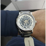 Emporio Armani Meccanico Skeleton Silver Dial Silver Steel Strap Watch For Men - AR1980