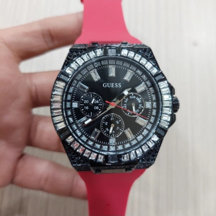 Guess Mainline Multifunction Crystals Black Dial Red Silicone Strap Watch For Men - GW0208G6