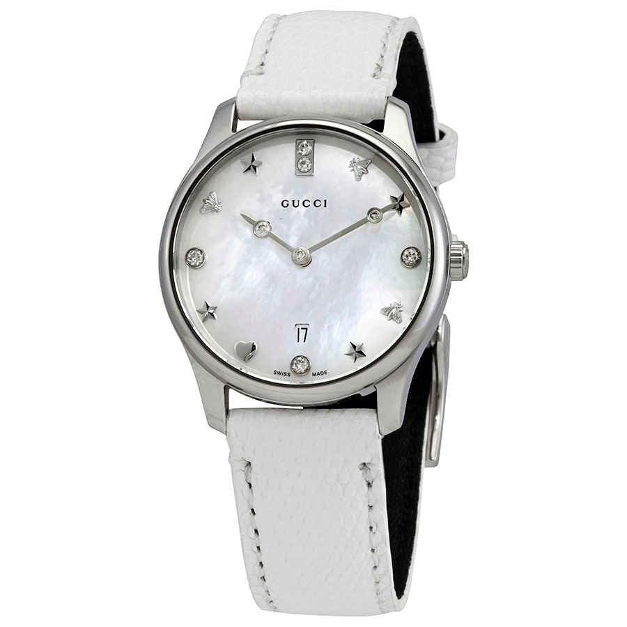 Gucci G-Timeless Mother of Pearl White Dial White Leather Strap Watch For Women - YA126597