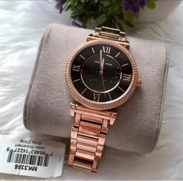 Michael Kors Catlin Black Diamonds Dial Rose Gold Steel Strap Watch for Women - MK3356