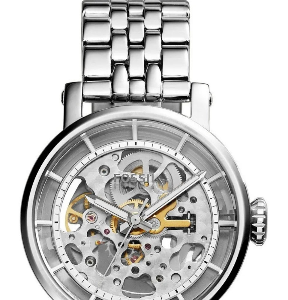 Fossil Boyfriend Automatic Skeleton Silver Dial Silver Steel Strap Watch for Women - ME3067