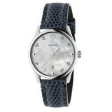 Gucci G-Timeless Signature Mother of Pearl Silver Dial Blue Leather Strap Watch For Women - YA1264049