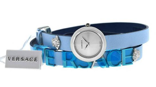 Versace V Flare Silver Dial Blue Leather Strap Watch for Women - VEBN00118