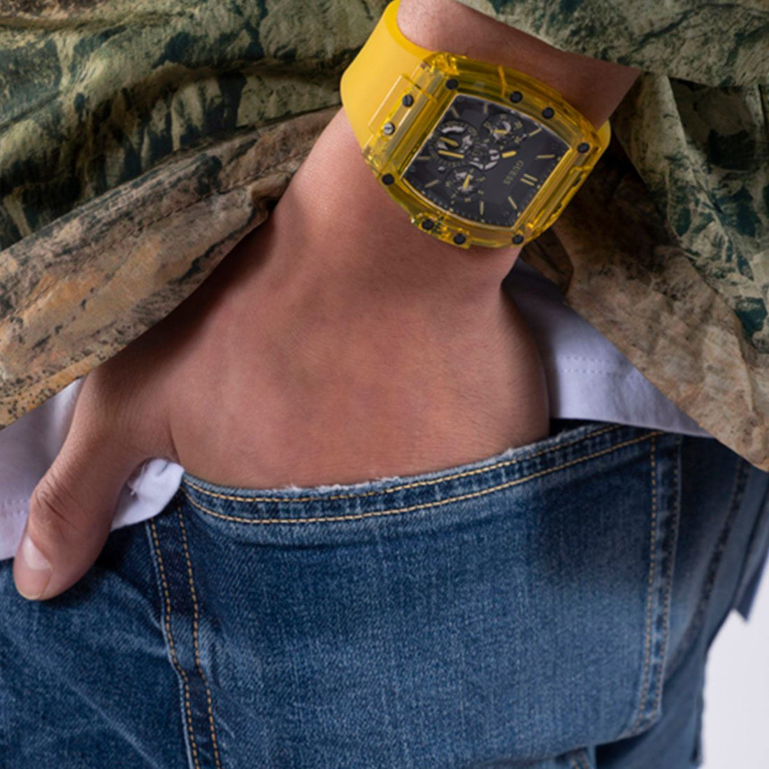 Guess Phoenix Multi Function Black Dial Yellow Rubber Strap Watch for Men - GW0203G6