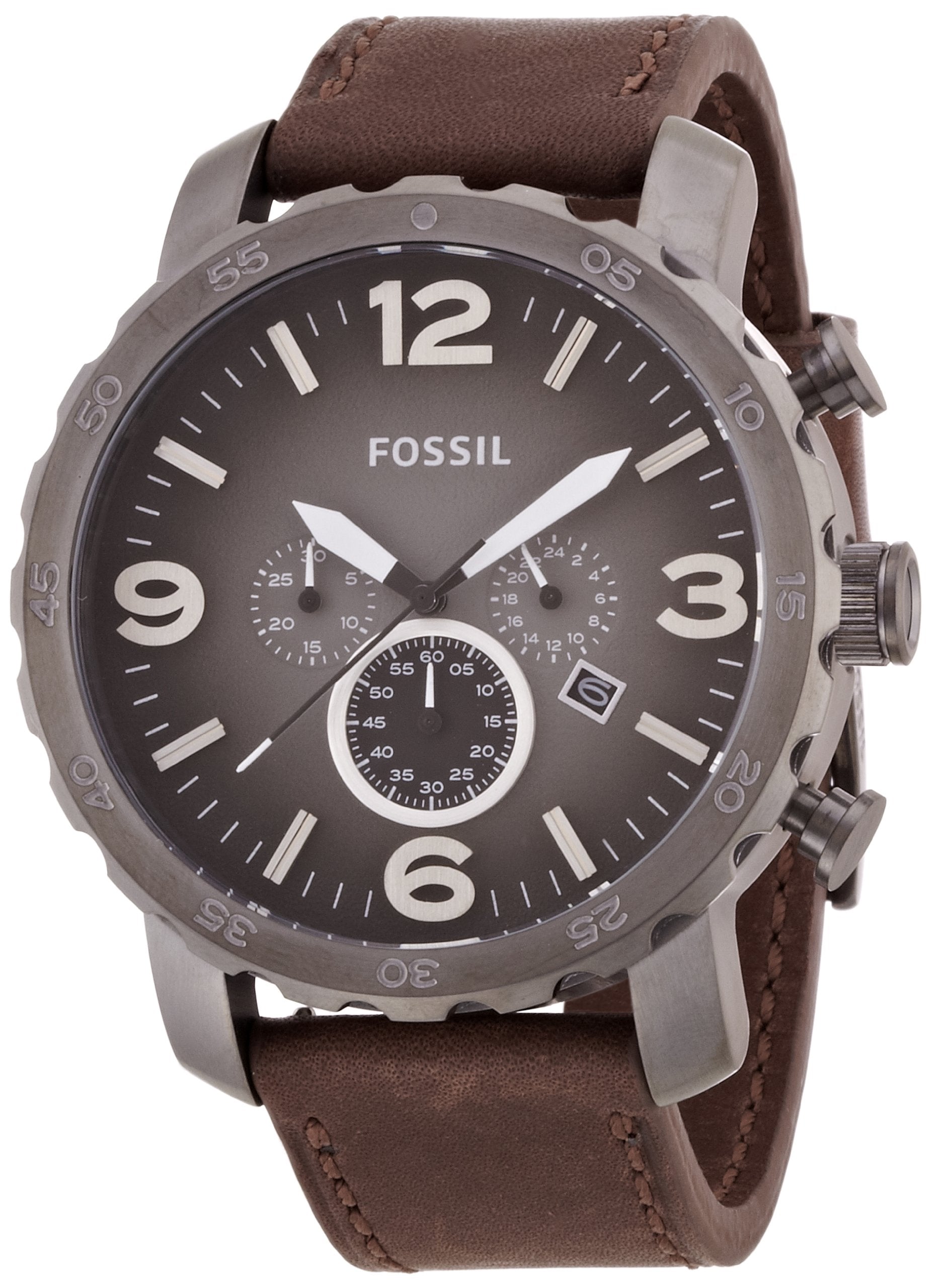 Fossil Nate Chronograph Grey Dial Brown Leather Strap Watch for Men - JR1424