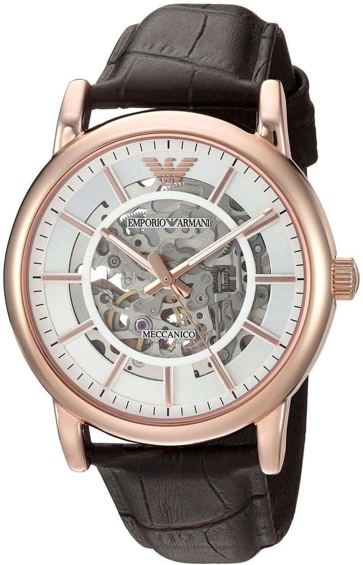 Emporio Armani Meccanico Silver Skeleton Dial Brown Leather Strap Watch For Men - AR1983