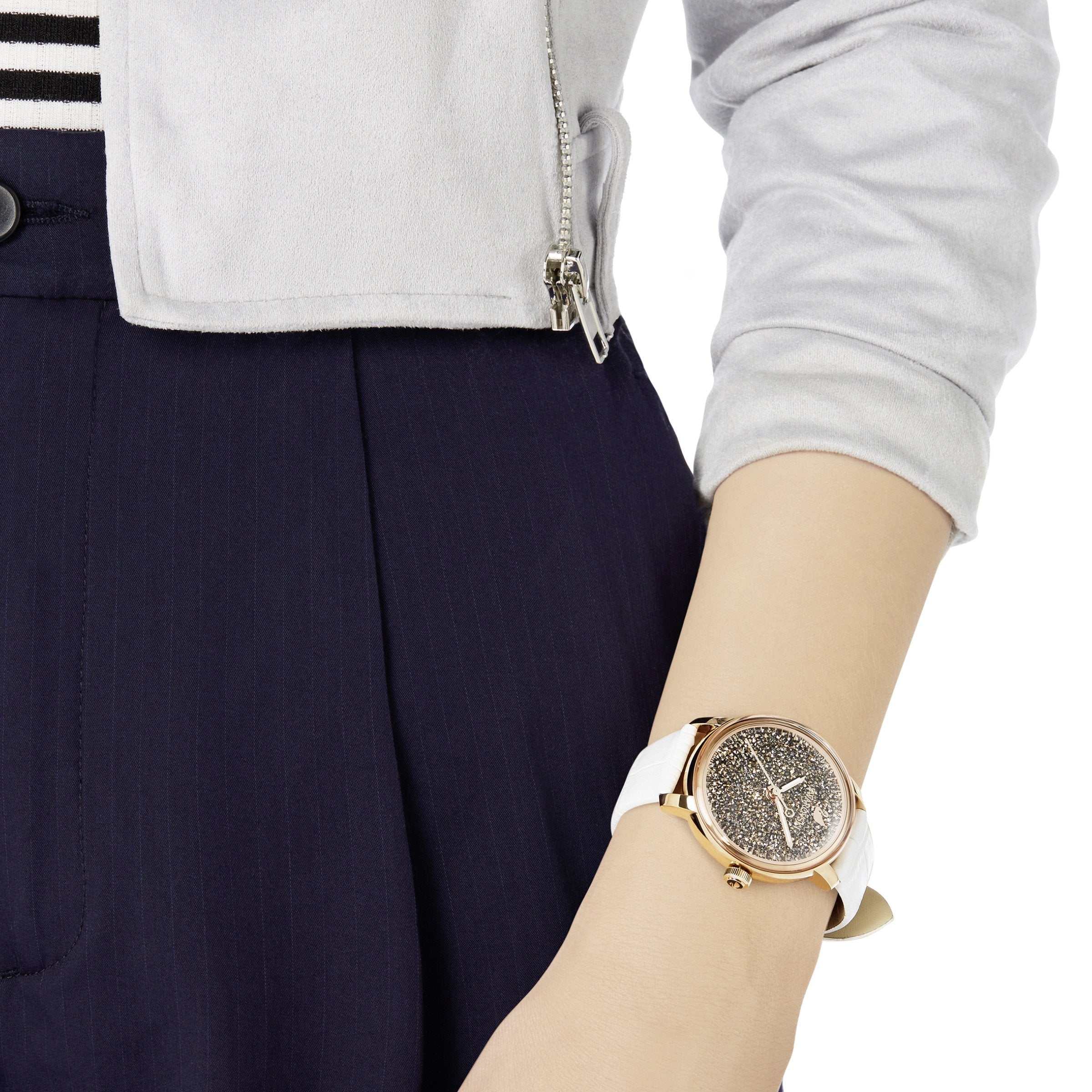 Swarovski Crystalline Hours Quartz Grey Dial Black Leather Strap Watch for Women - 5344635