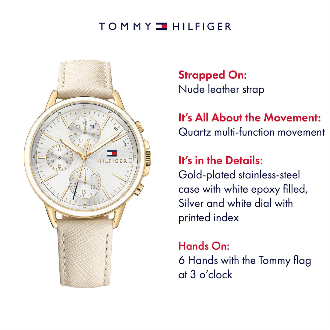 Tommy Hilfiger Carly Silver Dial Cream Leather Strap Watch for Women - 1781790