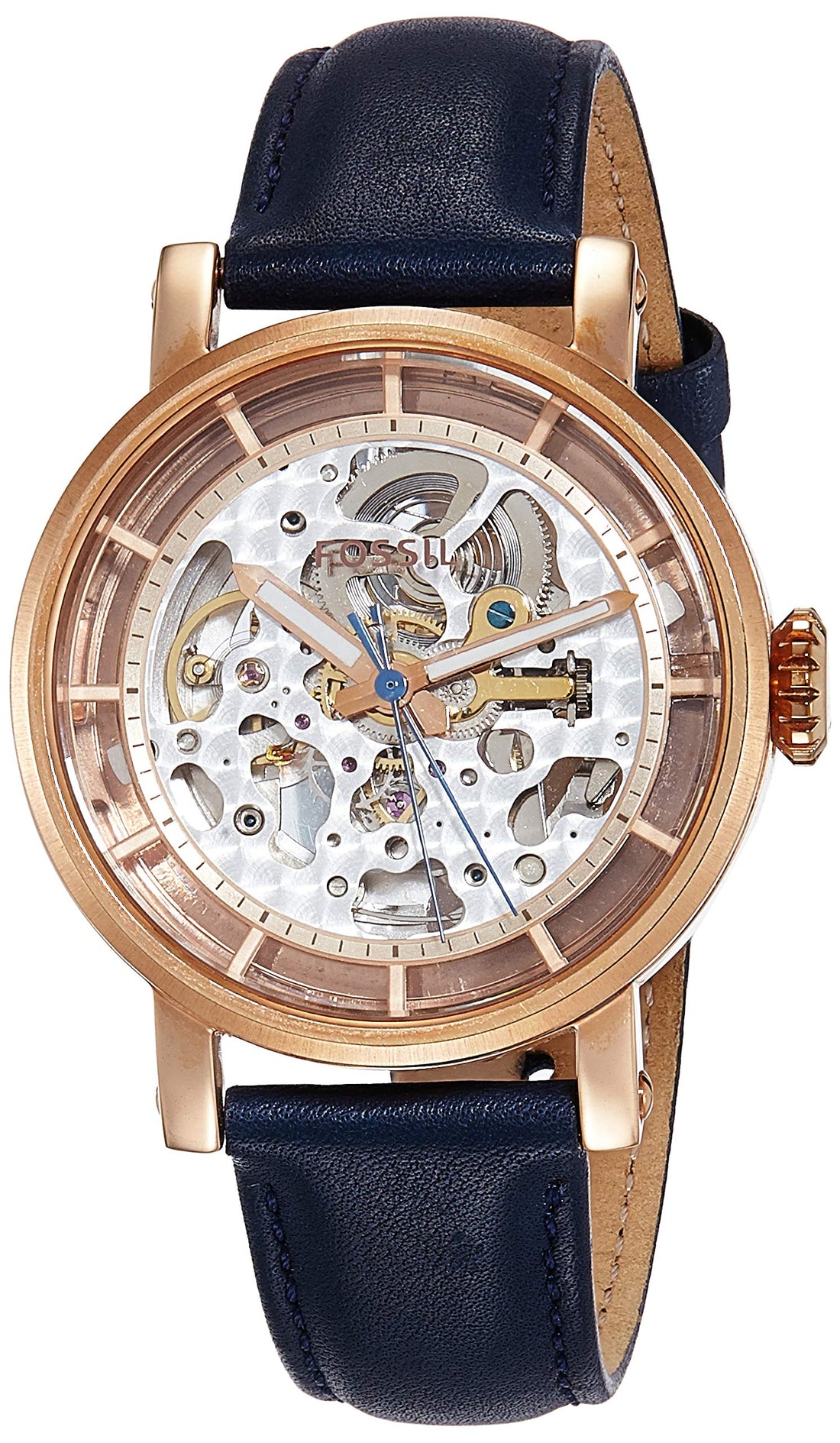 Fossil Original Boyfriend Skeleton White Dial Blue Leather Strap Watch for Women - ME3086