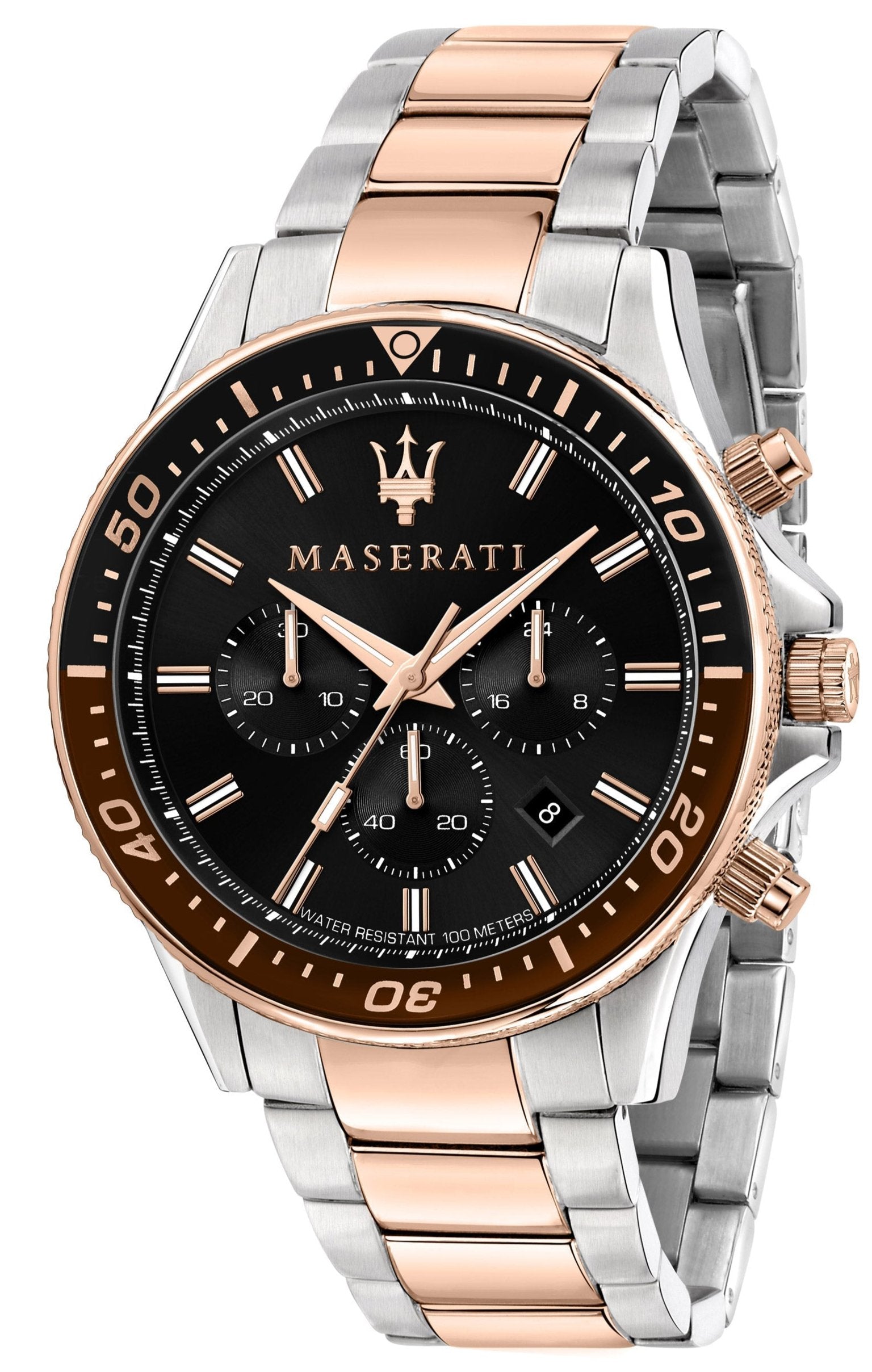 Maserati SFIDA Chronograph Black Dial Two Tone Steel Strap Watch For Men - R8873640009