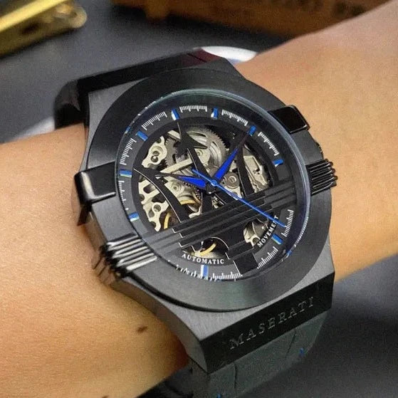 Maserati Potenza Automatic Black Dial Black Leather Strap Watch For Men - R8821108009