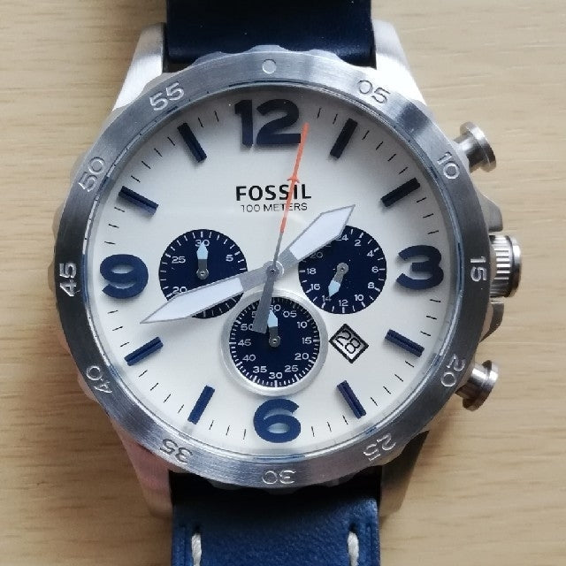 Fossil Nate Chronograph White Dial Blue Leather Strap Watch for Men - JR1480