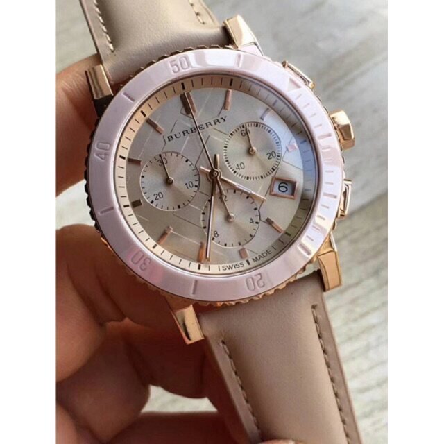 Burberry Chronograph Rose Gold Dial Beige Leather Strap Watch for Women - BU9704